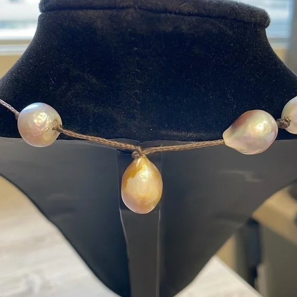Leather & Man Made Pearl Necklace - Picture 6 of 6